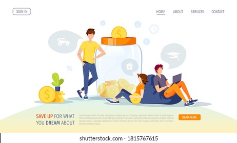 Large Piggy Bank In The Form Of A Jar With Coins Inside And People. Money Saving Or Accumulating, Financial Services, Deposit Concept. Vector Illustration For Banner, Poster, Advertising, Website.