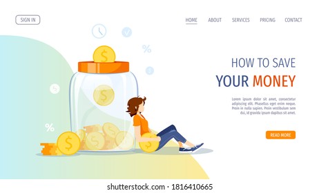 Large Piggy Bank In The Form Of A Jar With Coins Inside And Young Woman. Money Saving Or Accumulating, Financial Services, Deposit Concept. Vector Illustration For Banner, Poster, Website.