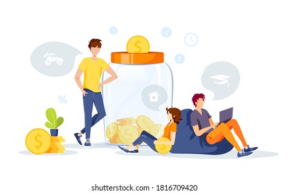 Large Piggy Bank In The Form Of A Jar With Coins Inside And People. Money Saving Or Accumulating, Financial Services, Deposit Concept. Isolated Vector Illustration For Banner, Poster, Advertising.