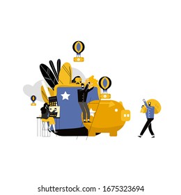 Large piggy bank in the form of a pig on a white background, open purse, financial services, small bankers are engaged in work, saving or accumulating money, a box of coins. Vector flat illustration