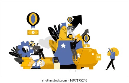 large piggy bank in the form of pig on  white background, open purse, financial services, small bankers are engaged in work, saving or accumulating money, a box of coins. Vector flat illustration

