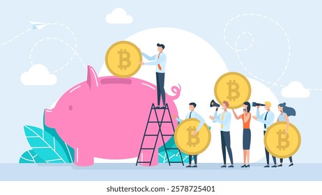 Large piggy bank in the form of a pig. Businessman throwing bitcoin coin into piggy bank. Financial services, small bankers are engaged in work, saving or accumulating money. Vector illustration