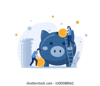 a large piggy bank in the form of a piglet on a white background,saving or accumulating money,Large piggy bank with business people and golden coin