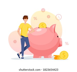 Large piggy bank in the form of a piglet, coins and young man. Money saving or accumulating, Financial services, Deposit concept. Isolated vector illustration for banner, poster, advertising.