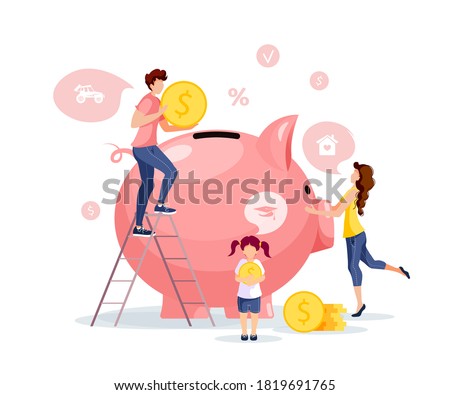 Large piggy bank. Piglet and coins with young family. Money saving or accumulating, Financial services, Deposit concept. Isolated vector illustration for banner, poster, advertising.