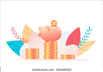 Large piggy bank stands on stack of huge coins as in first place. Investment increase concept. Metaphor of increasing investment, capital accumulation. Flat vector illustration