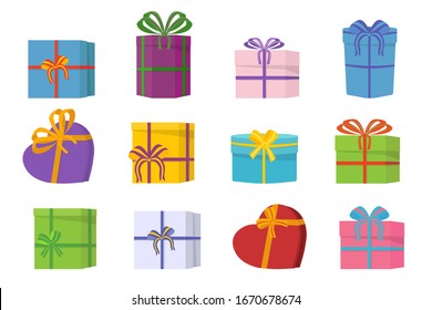 A large pile of beautiful gift boxes on white background. Different gift boxes with a colored bows on holiday, surprise birthday. Vector illustration, EPS 10.