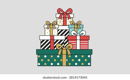 Large pile of beautifully wrapped gift boxes decorated with colorful patterns and ribbons for a festive celebration.