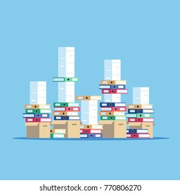 Large pile of cardboard boxes with folders and documents. A huge stack of papers and file folders. Paper work vector flat illustration.