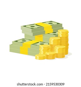 A large pile of cash coins and banknotes, vector illustration. Accumulated savings. Monetary capital.
