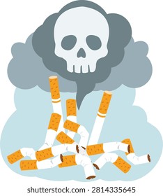 Large pile of cigarette butts with huge skull shaped smoke cloud.