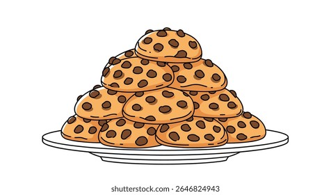 A Large Pile of Delicious Chocolate Chip Cookies Stacked High on a White Plate Showing a Whimsical and Inviting Dessert Display