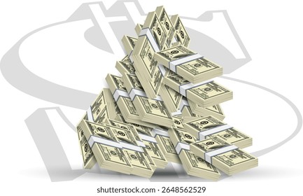 A large pile of dollar bills in the shape of a pyramid