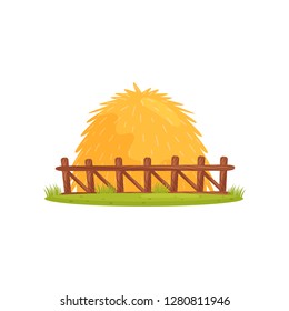 Large pile of dry hay behind wooden fence. Farm theme. Cartoon vector design for children book or mobile game