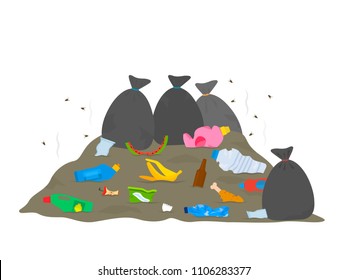 A large pile of garbage in a dump with flies and an odor. the concept of ecology and waste processing. flat vector illustration isolated on white background