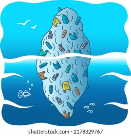 Large pile of garbage floats in the ocean. Scene of nature and water pollution by plastic garbage.
