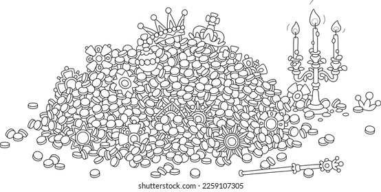 Large pile of gold coins, crowns and jewels from royal treasury of fairy kingdom, black and white outline vector cartoon illustration for a coloring book