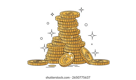 Uma grande pilha de moedas de ouro brilhando com prosperidade e riqueza nesta ilustração