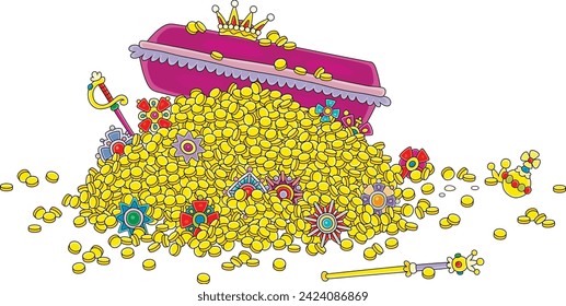 Large pile of gold coins and jewels from a royal treasury of a dead angry king lying in his coffin in a palace of a fairytale kingdom, vector cartoon illustration on white