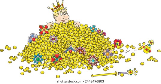Large pile of gold coins and jewels from a royal treasury of a greedy angry king of a fairytale kingdom, vector cartoon illustration on white