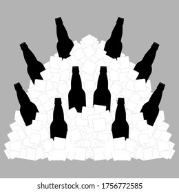 A large pile of ice cubes with beer bottles. Vector Illustration.