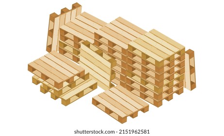 Large pile of isometric pallets in stacks and a lot around for packaging and transportation isolated on white background. Vector illustration.
