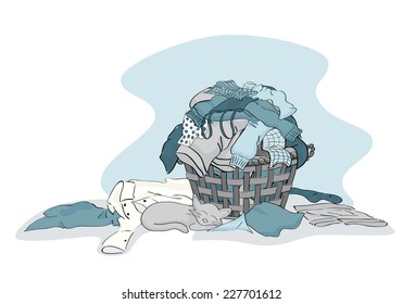 Large Pile of Laundry clothing ready to be cleaned in Blue - vector grouped and layered