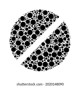 A large pill symbol in the center made in pointillism style. The center symbol is filled with black circles of various sizes. Vector illustration on white background
