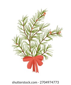 Grande rama de pino con lazo rojo para la decoración de Navidad. Elemento festivo aislado en blanco. Elegancia Ilustración vectorial.