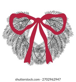 Large pine wreath featuring red ribbon bow. Traditional holiday decor for Christmas, ideal for invitations, backgrounds and festive campaigns