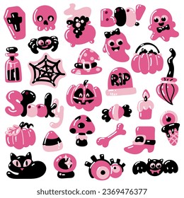 large pink and black set for Halloween. Cute ghost objects, witch objects, candy, pumpkin, animals, words candles in pink shades on a white background. Elements for stickers, postcards, sublimation