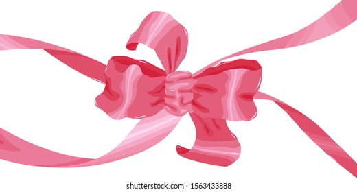 Large pink bow on a white background. Ribbons and bows made of fabric in a flat style. Element to decorate greeting cards, invitations anniversary. For a festive design.