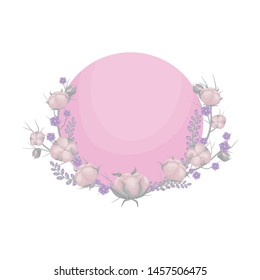 Large pink circle is decorated with cotton. Vector illustration on white background.