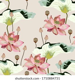 Large pink flowers, inflorescences, buds and lotus leaves on a light beige, cream background. Vector seamless floral illustration. Square repeating design template for fabric, wallpaper, invitation.