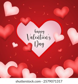 A large pink heart with Happy Valentine's Day in elegant script is the centerpiece Surrounding it are scattered 3D red and pink hearts adding depth The rich red background enhances the romantic 