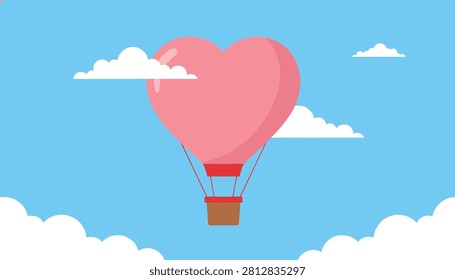 Large pink heart shaped hot air balloon soaring through a bright blue sky filled with scattered white fluffy clouds.