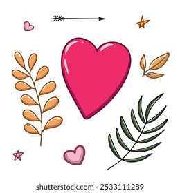 A large pink heart with various nature elements around it, including leaves, stars, an arrow. a set of isolated elements for birthday, February 14th, and other holidays