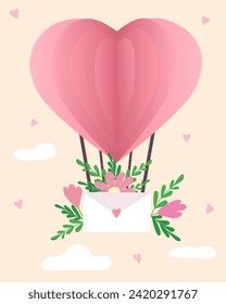 A large pink heart-shaped balloon flies through a peachy sky with clouds and carries an envelope with a declaration of love. There are flowers blooming all around and hearts. Valentine s Day.