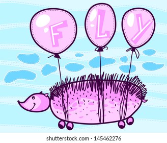 Large pink hedgehog is flying through the sky on balloons. Written on the balls fly. Blue clouds above it.