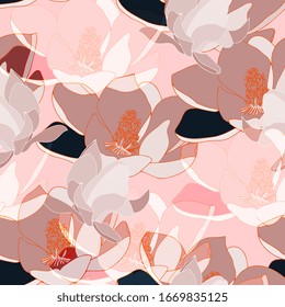 Large pink inflorescences of flowers. Floral seamless pattern. Vector illustration with hand drawn plants.