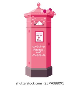The large pink mailbox is decorated with roses for Valentine's Day.  Valentine's mail. Standing post office box decorated with roses and hearts. Delivery by kind letter. Illustrated vector clipart.