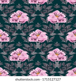 Large pink peonies flowers with graceful leaves on a  dark forest green color background. Seamless vector floral illustration. Square repeating pattern for design, fabric and wallpaper.