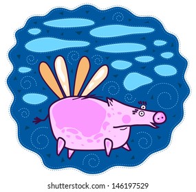 A large pink pig flying on the wings of the blue sky with blue clouds.