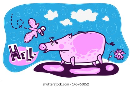 A large pink pig met a butterfly. Blue sky and clouds on it. Do butterflies big eyes in fright. The flower grows behind the pig. Pig says hello.