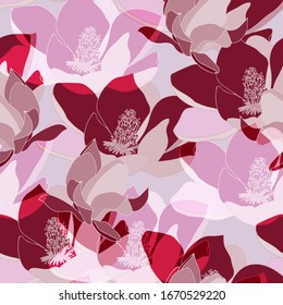 Large pink, red color inflorescences of flowers. Floral seamless pattern. Vector illustration with hand drawn plants.