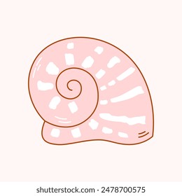 Large pink seashell with round edges curled into a spiral. Cute vector illustration in cartoon style on light background.