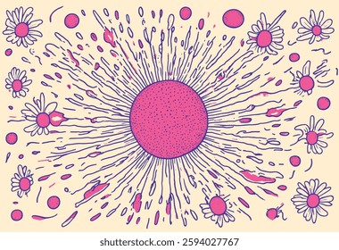 A large pink sun with a textured surface shines at the center, surrounded by rays, small circles, abstract shapes, and stylized flowers, all set against a light yellow background.