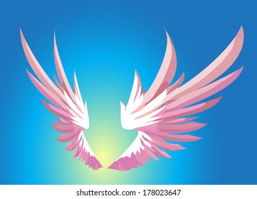 Large pink wings of the guardian angel on the blue background