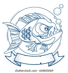 Large piranha and ribbon banner. Illustration for thematic publications and the design of objects.