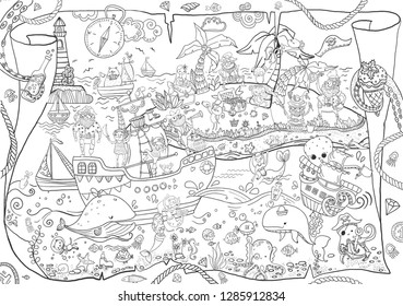 Large pirates coloring, children's illustration, many characters, funny details